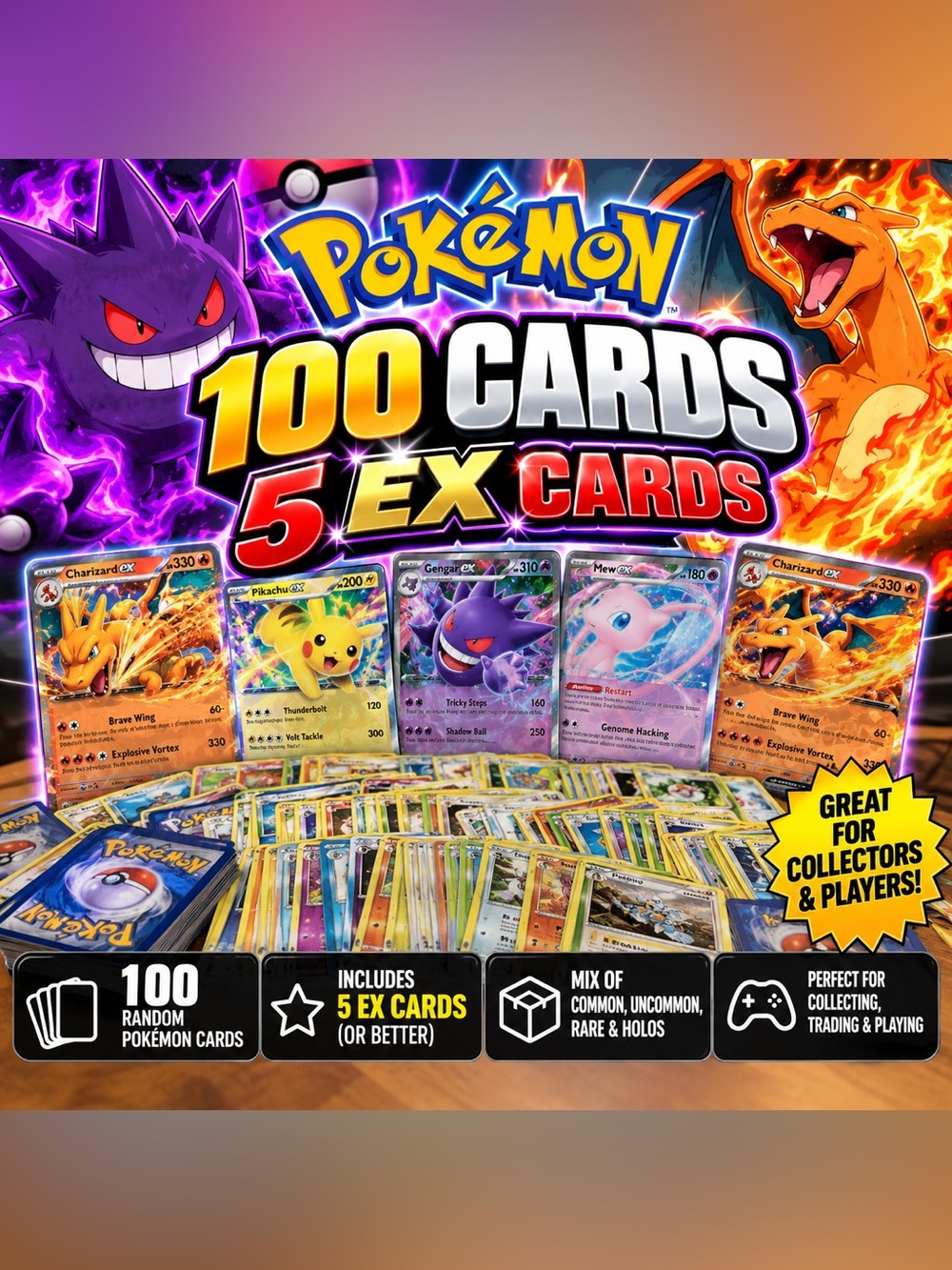Pokémon Card Lot 100 Cards + 5 EX Cards | Random Bulk Collection